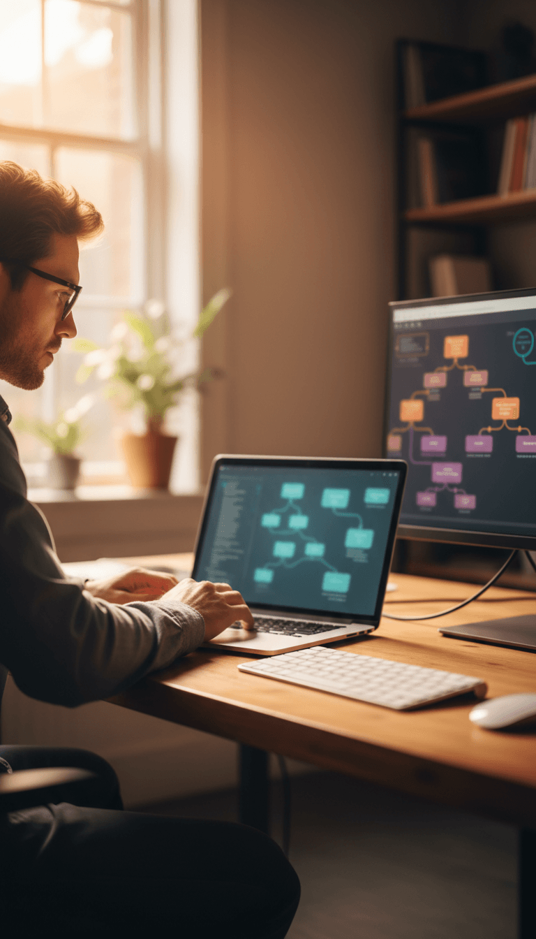 Developer working on chatbot architecture at desk