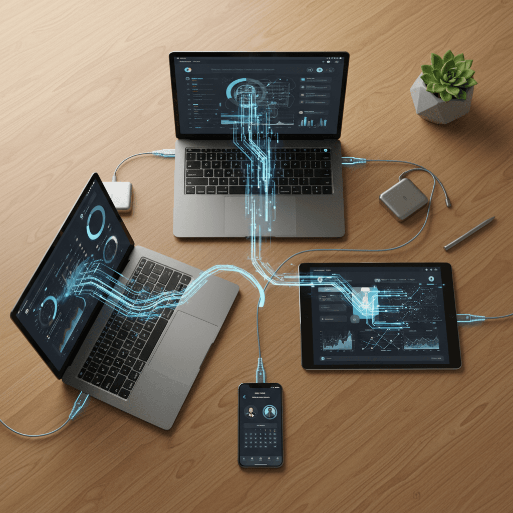 Multiple devices and systems seamlessly connected showing data integration