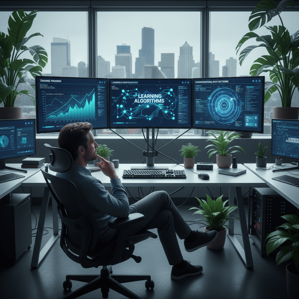 AI specialist reviewing machine learning training progress and algorithm improvements