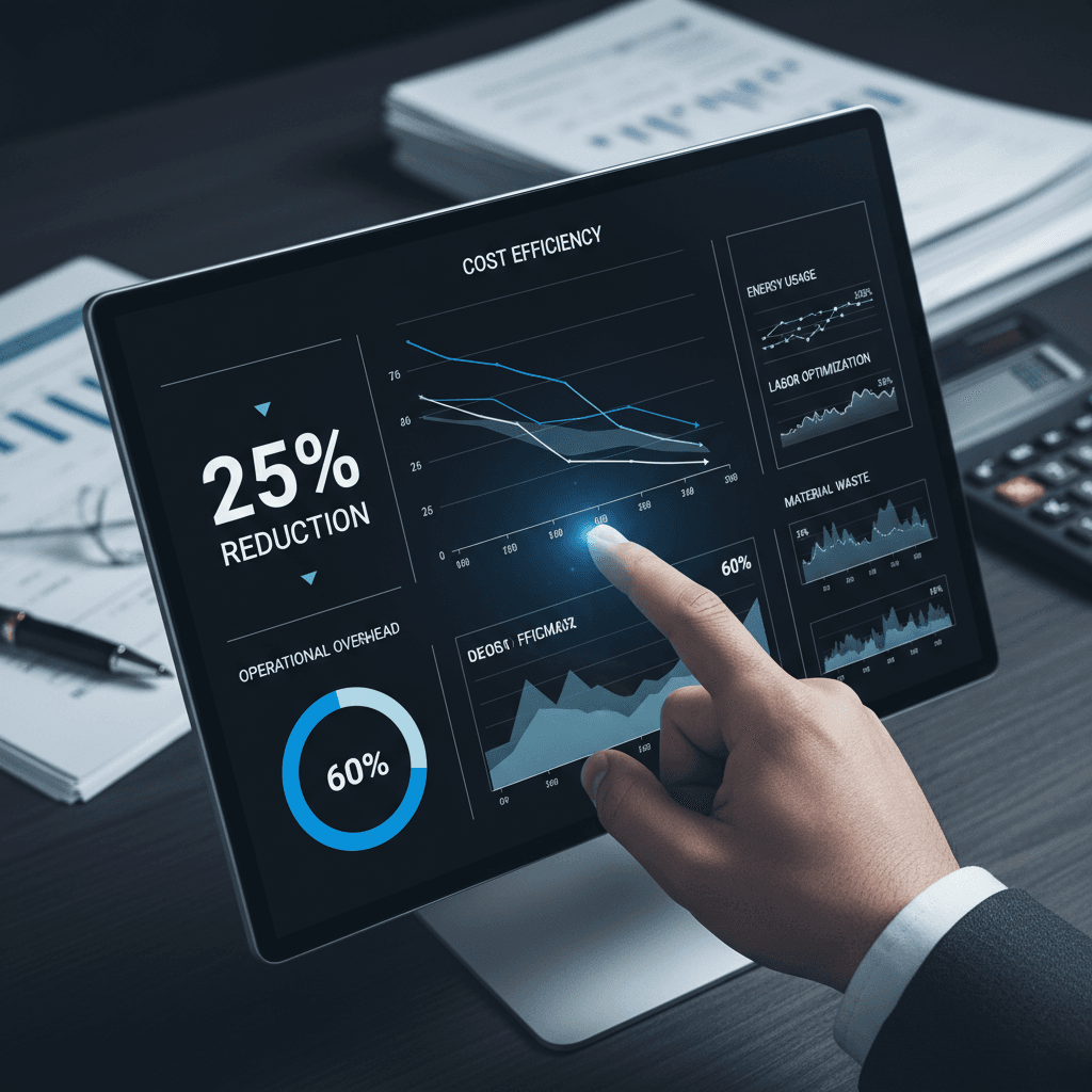 Analytics dashboard showing cost reduction metrics and efficiency gains