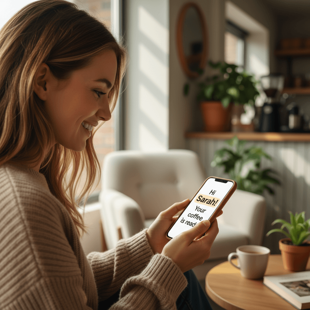 Customer smiling while reading personalized chatbot message on their phone